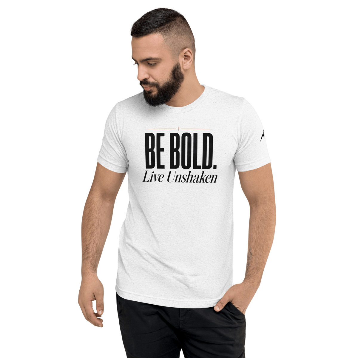Be Bold. Live Unshaken T-Shirt displaying a strong Christian message about faith and courage.