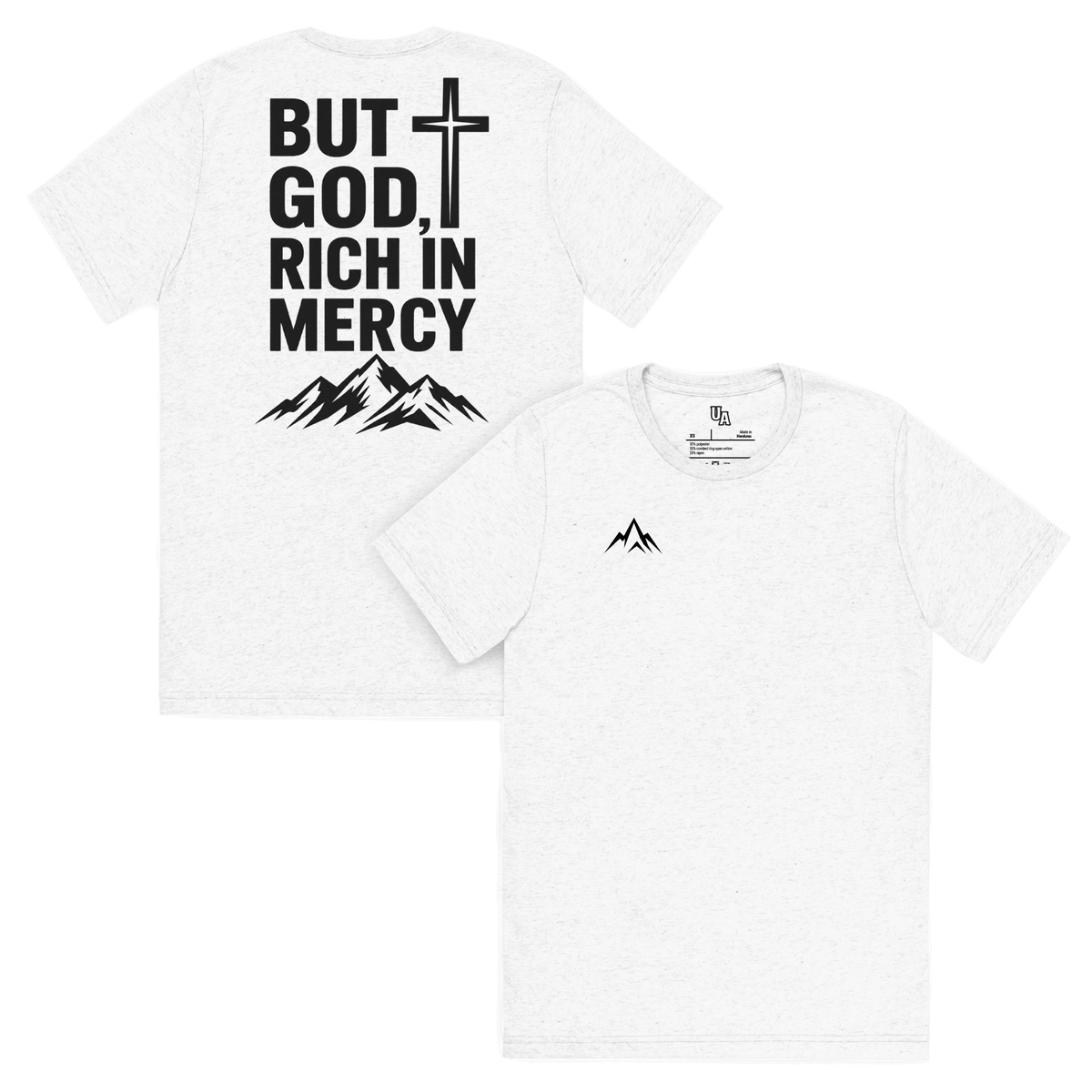 But God, Rich in Mercy Christian Men's T-Shirt featuring mountain graphics and bold text for faith apparel.