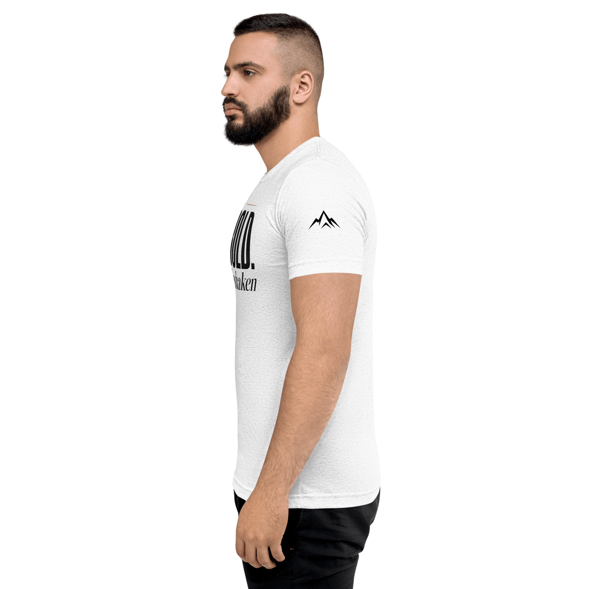 Be Bold. Live Unshaken T-Shirt featuring strong lettering and subtle gold cross design, representing faith and Christian style.