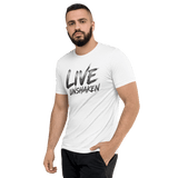 Live Unshaken Steel Design T-Shirt worn by a man, showcasing faith-based apparel with a bold design.