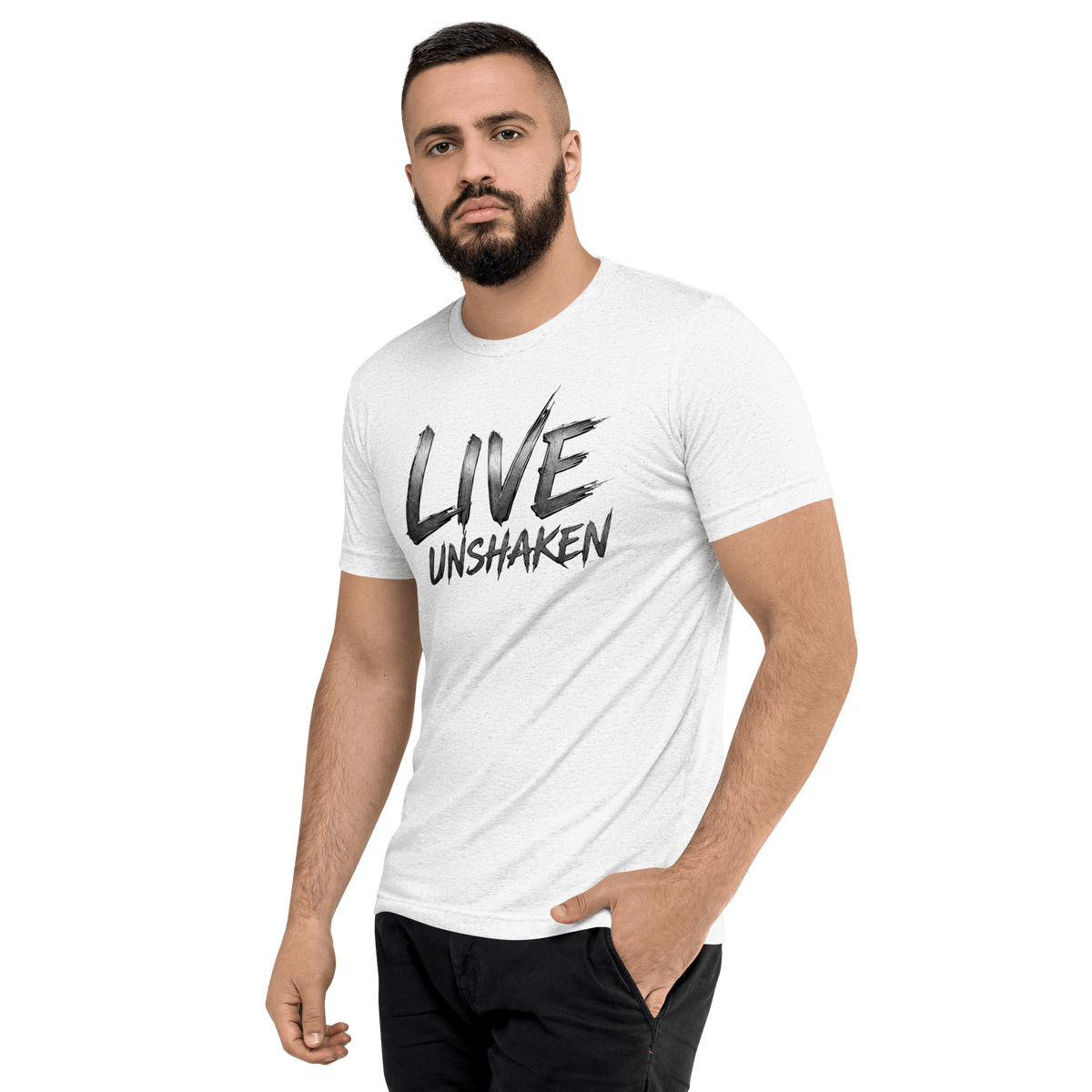 Live Unshaken Steel Design T-Shirt worn by a man, showcasing faith-based apparel with a bold design.