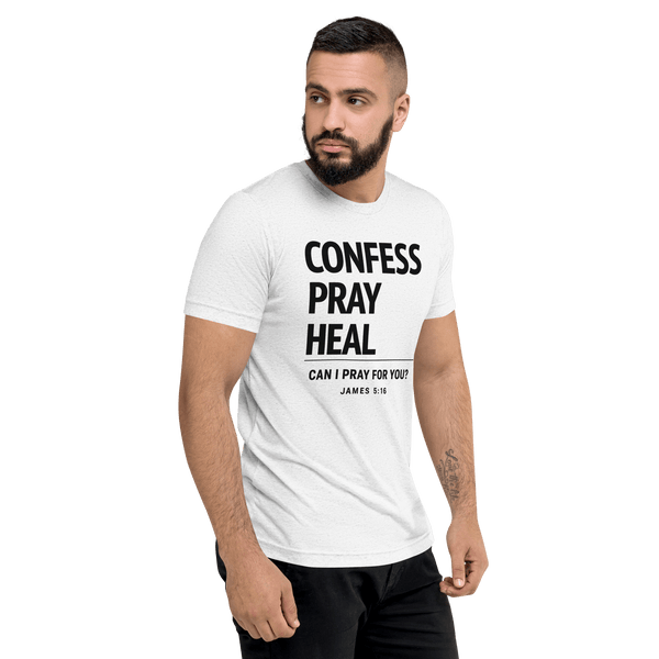 Confess. Pray. Heal. – James 5:16 “Can I Pray for You?” T-Shirt displayed on a model, emphasizing faith and prayer.