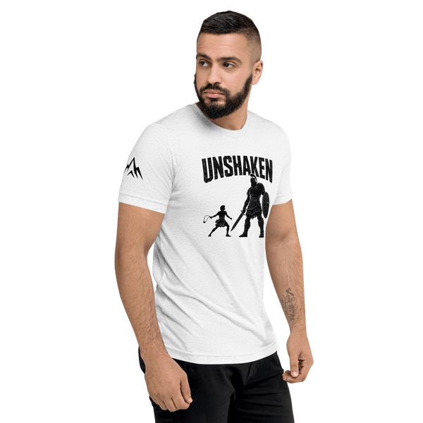 David vs. Goliath “Unshaken” Christian Shirt showcasing faith and resilience in God.