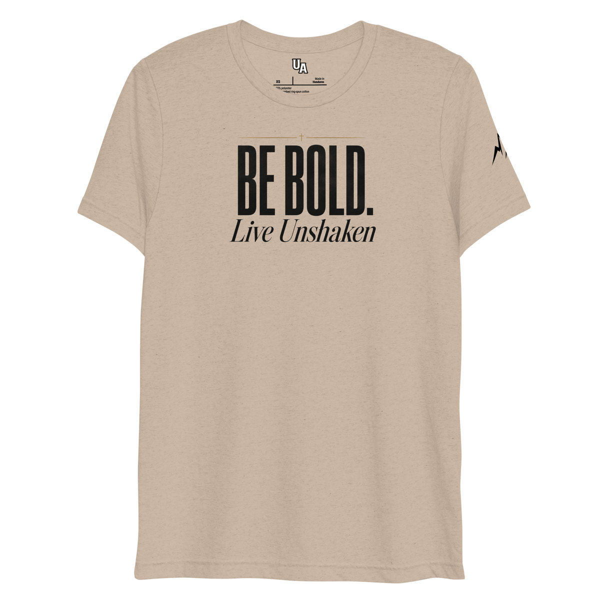 Be Bold. Live Unshaken T-Shirt in tan triblend, featuring strong lettering and a gold cross, promoting faith and Christian values.