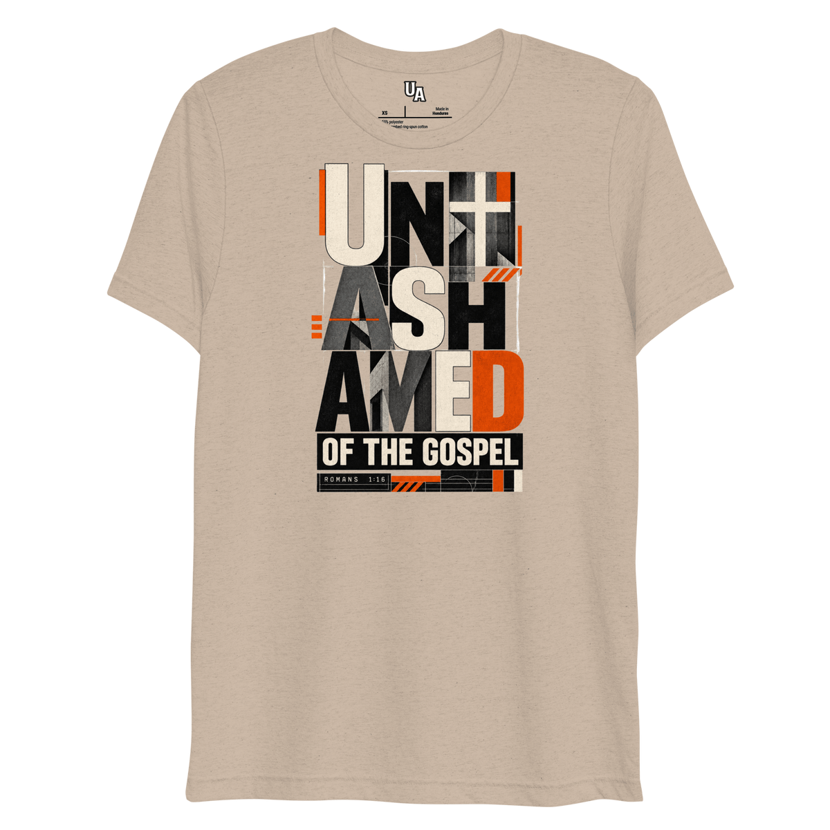 Unashamed of the Gospel Romans 1:16 Christian T-Shirt, tan triblend, bold typography, Christian apparel, wear your faith.