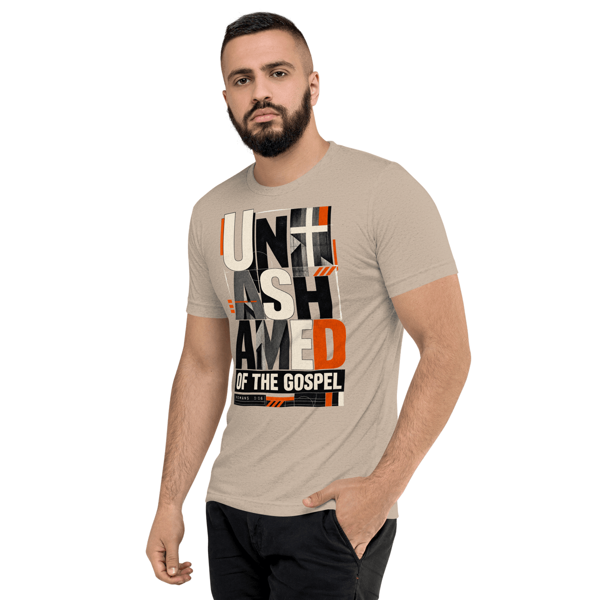Unashamed of the Gospel Romans 1:16 Christian T-Shirt worn by a man, showcasing faith and modern Christian apparel.