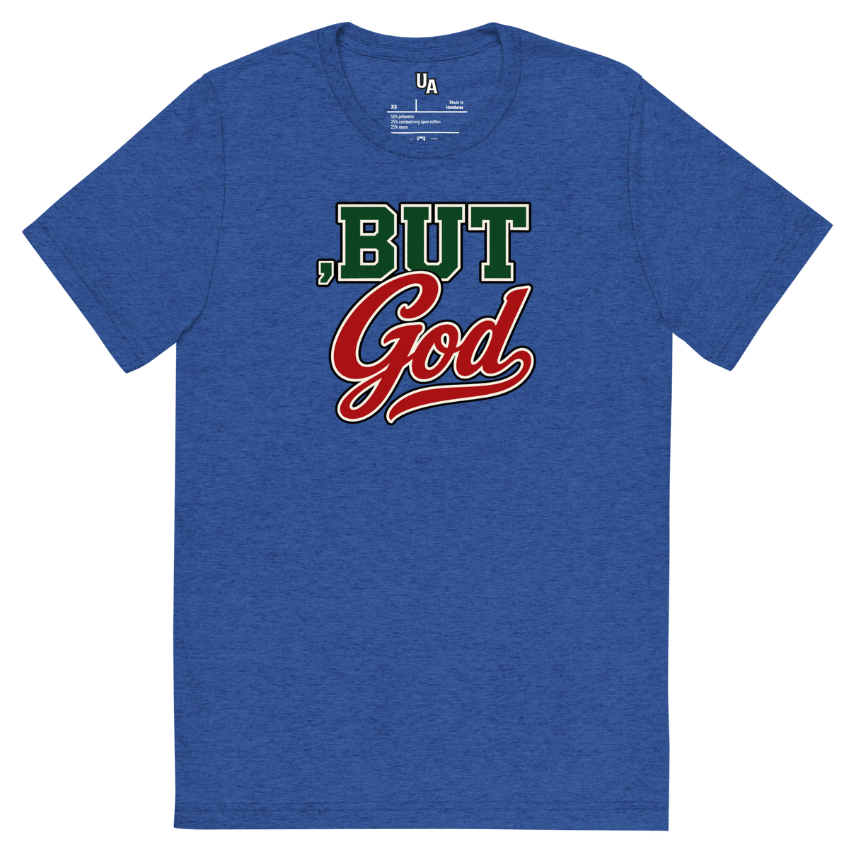 But God Retro Varsity Christian T-Shirt in True Royal Triblend, featuring faith-inspired design with green and red lettering.