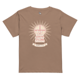 Let Your Light Shine Retro Women’s High-Waisted T-Shirt in latte, featuring a cross and Matthew 5:16, perfect for expressing faith.