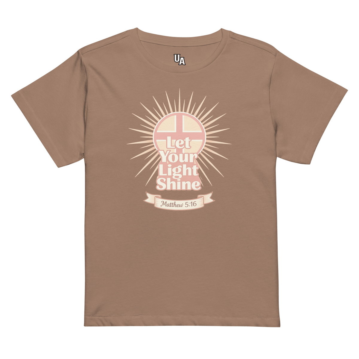 Let Your Light Shine Retro Women’s High-Waisted T-Shirt in latte, featuring a cross and Matthew 5:16, perfect for expressing faith.