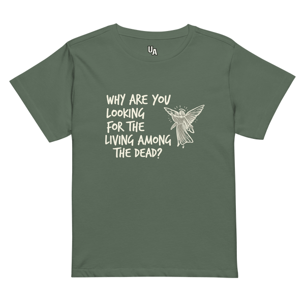 He’s Alive Resurrection Women’s High-Waisted T-Shirt featuring angel graphic and scripture message about faith in God.