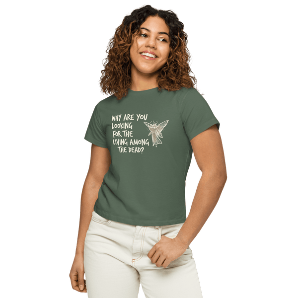 He’s Alive Resurrection Women’s High-Waisted T-Shirt featuring angel design and Scripture quote promoting Faith and Christian values.