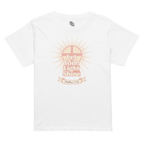 Let Your Light Shine Retro Women’s High-Waisted T-Shirt in white featuring a cross and Matthew 5:16 for bold faith apparel.