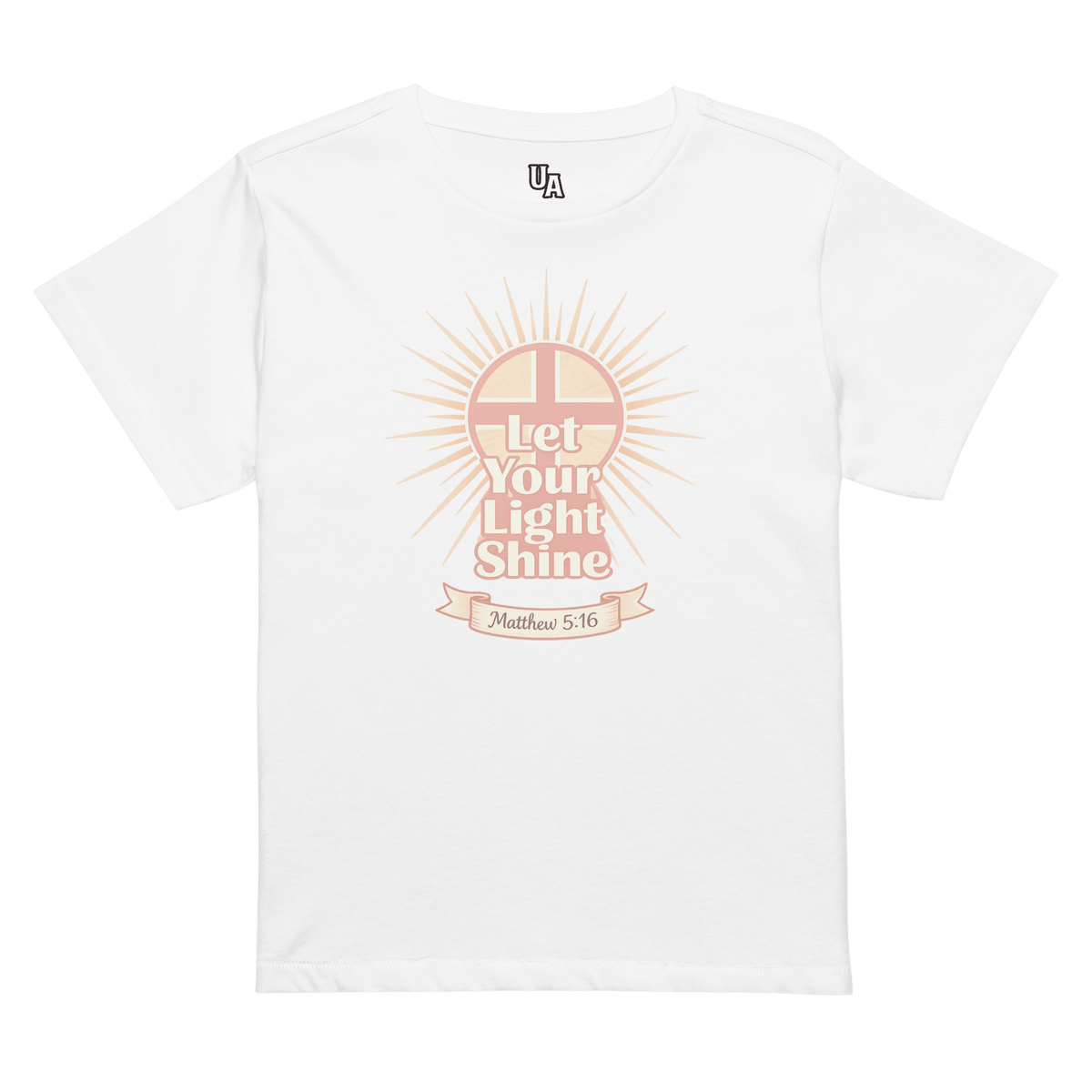 Let Your Light Shine Retro Women’s High-Waisted T-Shirt in white featuring a cross and Matthew 5:16 for bold faith apparel.