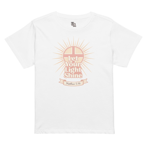 Let Your Light Shine Retro Women’s High-Waisted T-Shirt in white featuring a cross and Matthew 5:16 for bold faith apparel.