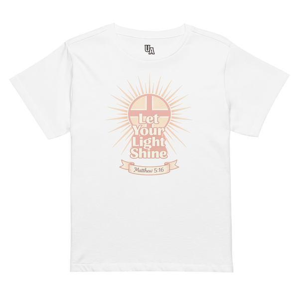 Let Your Light Shine Retro Women’s High-Waisted T-Shirt in white featuring a cross and Matthew 5:16 for bold faith apparel.