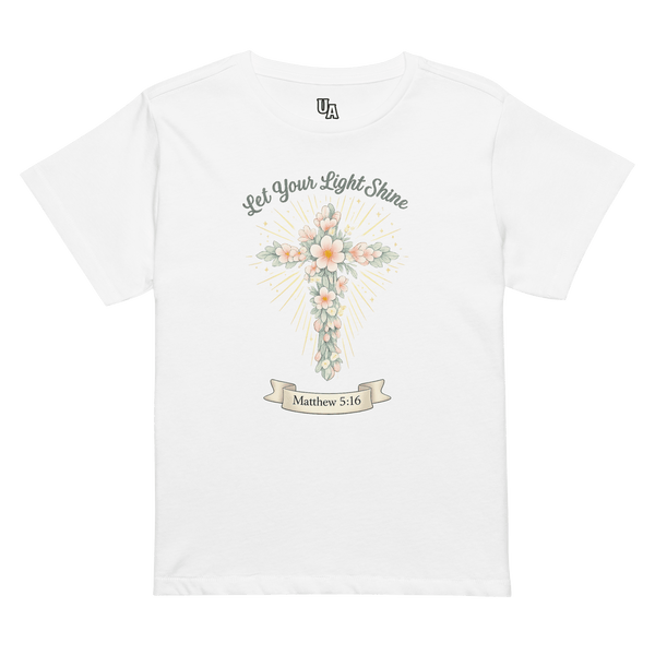Floral Light Matthew 5:16 Women’s High-Waisted T-Shirt featuring a floral cross design, perfect for expressing faith and Christian apparel.