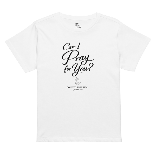 Can I Pray for You? – James 5:16 Women’s High-Waisted T-Shirt showcasing faith and Christian apparel.