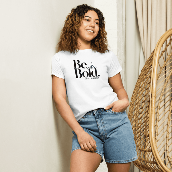 Woman wearing Be Bold. Live Unshaken - Women's High-Waisted T-Shirt, showcasing faith-inspired apparel.