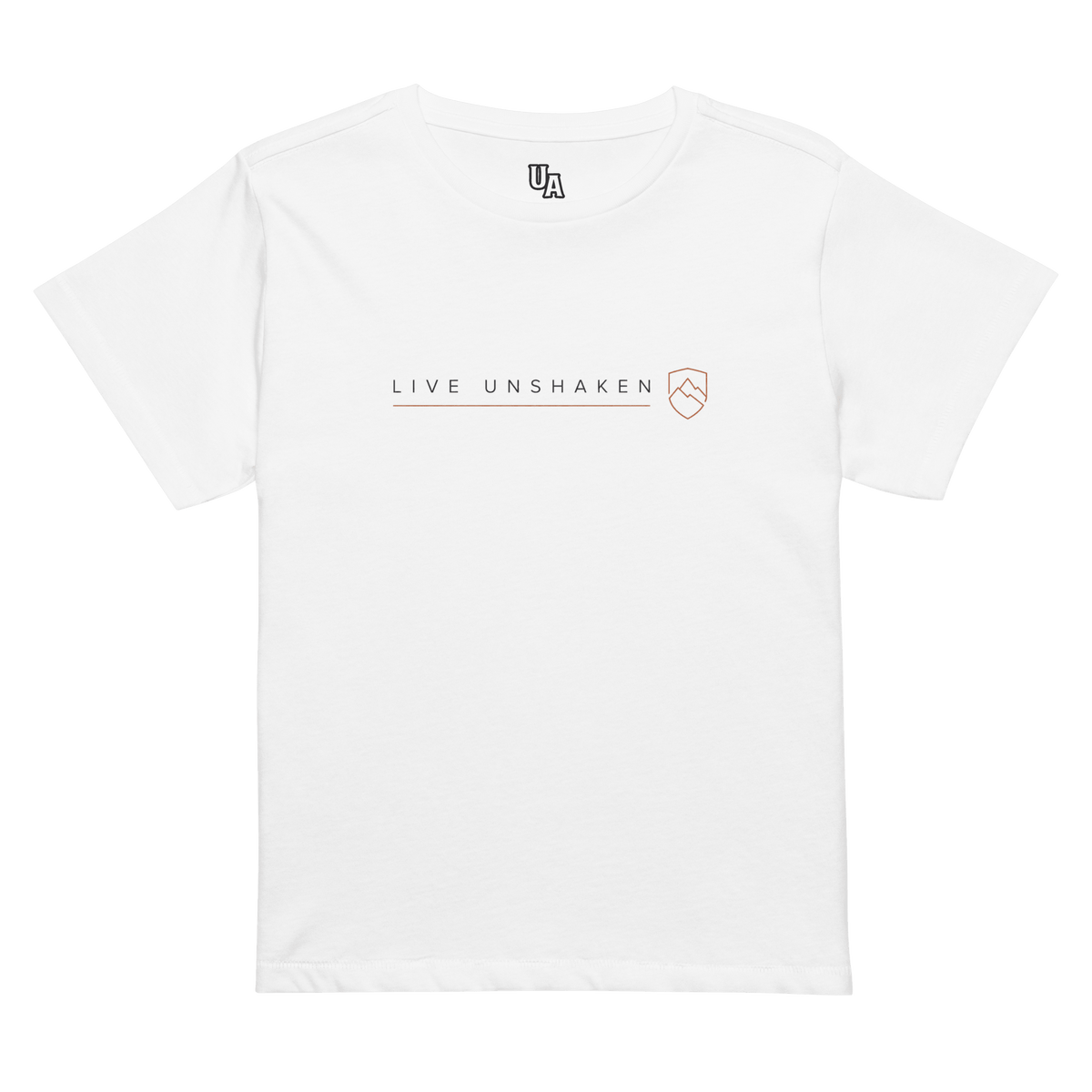 Live Unshaken - Women’s High-Waisted T-Shirt featuring a minimalist design with mountain shield emblem.