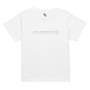 Live Unshaken - Women’s High-Waisted T-Shirt featuring a minimalist design with mountain shield emblem.