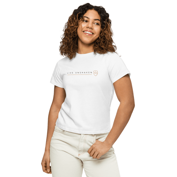 Live Unshaken - Women’s High-Waisted T-Shirt worn by a smiling woman, showcasing faith and resilience in stylish Christian apparel.