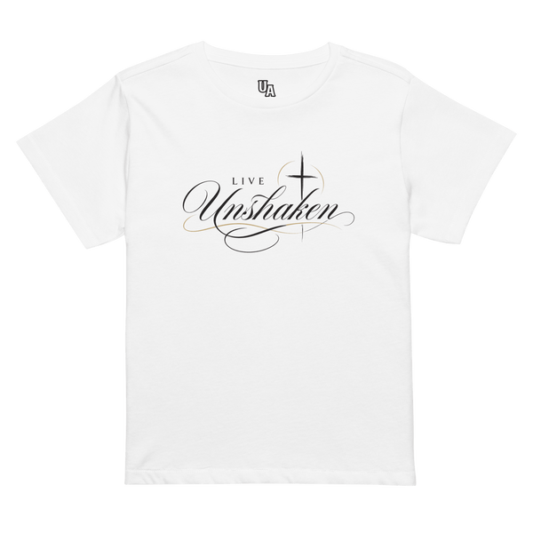 Live Unshaken Cross - Women’s High-Waisted T-Shirt with elegant script and cross design, representing faith and Christian values.