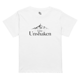 Live Unshaken Mountain Cross Design T-Shirt featuring mountain graphics and faith-based messaging for Christian apparel.