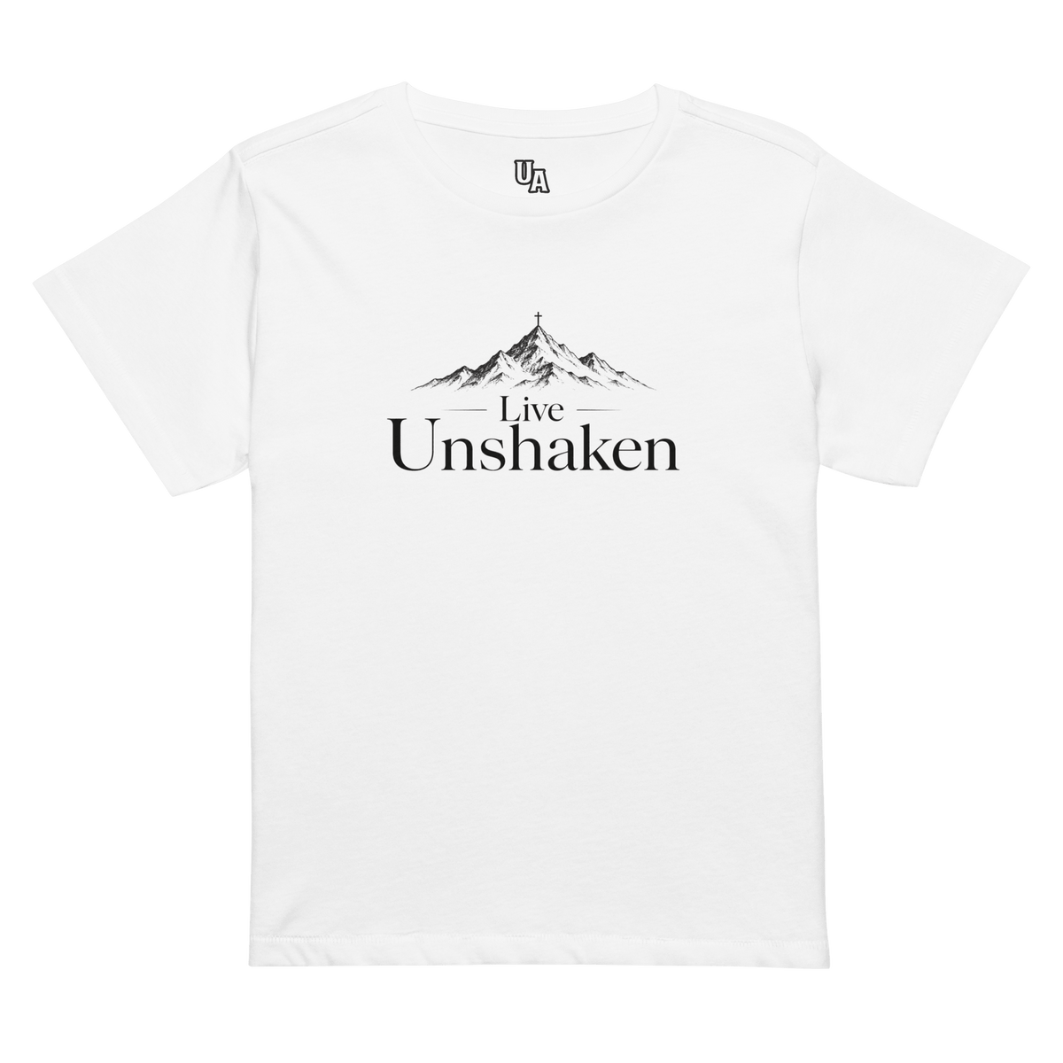 Live Unshaken Mountain Cross Design T-Shirt featuring mountain graphics and faith-based messaging for Christian apparel.