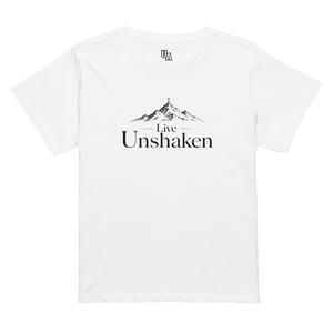 Live Unshaken Mountain Cross Design T-Shirt featuring mountain graphics and faith-based messaging for Christian apparel.