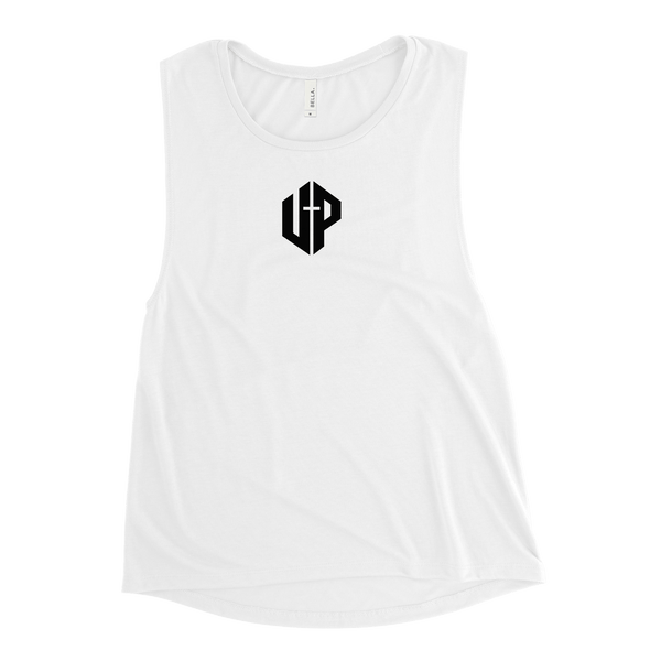 Unshaken Performance UP Cross Logo Women’s Tank featuring geometric emblem for faith-inspired active apparel.