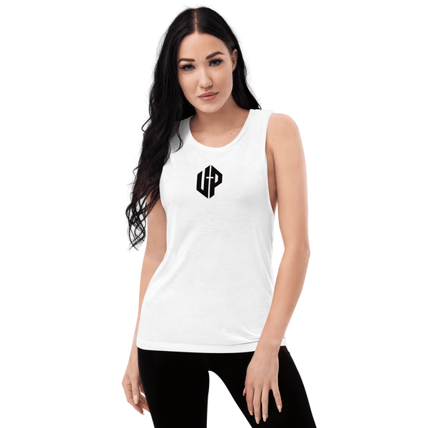 Unshaken Performance UP Cross Logo Women’s Tank showing geometric emblem representing faith and strength.