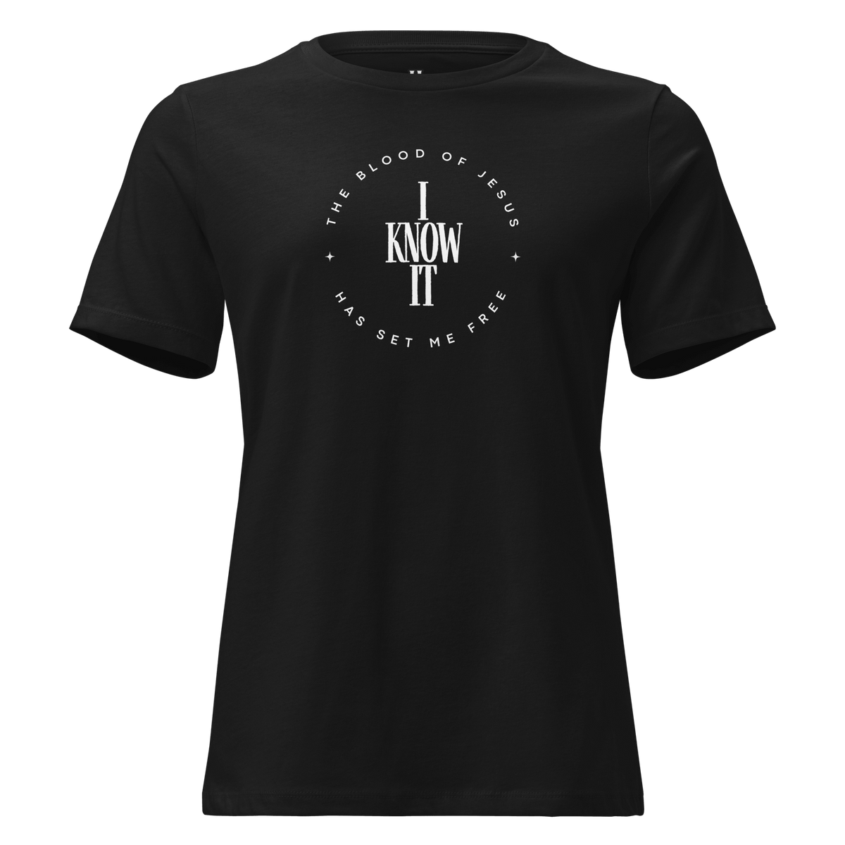 The Blood of Jesus Has Set Me Free - Women’s Christian T-Shirt in black with bold faith declaration design