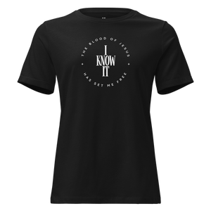 The Blood of Jesus Has Set Me Free - Women’s Christian T-Shirt in black with bold faith declaration design