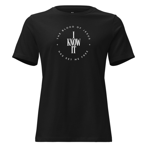 The Blood of Jesus Has Set Me Free - Women’s Christian T-Shirt in black with bold faith declaration design