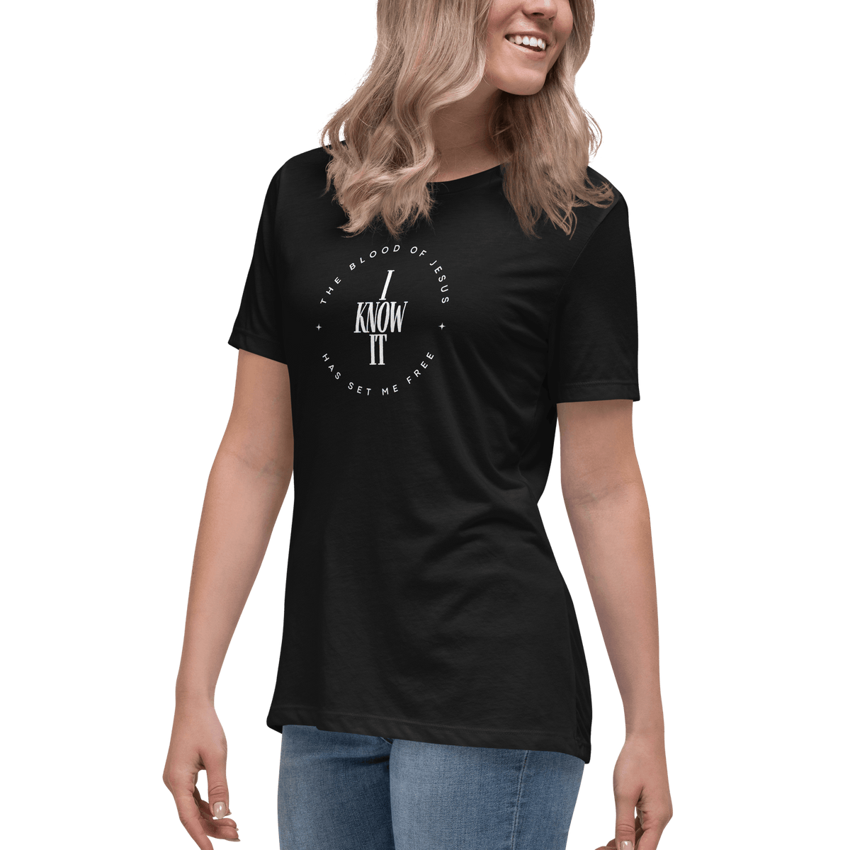 The Blood of Jesus Has Set Me Free - Women’s Christian T-Shirt made by Unshaken Apparel, promoting Faith and Christian values.