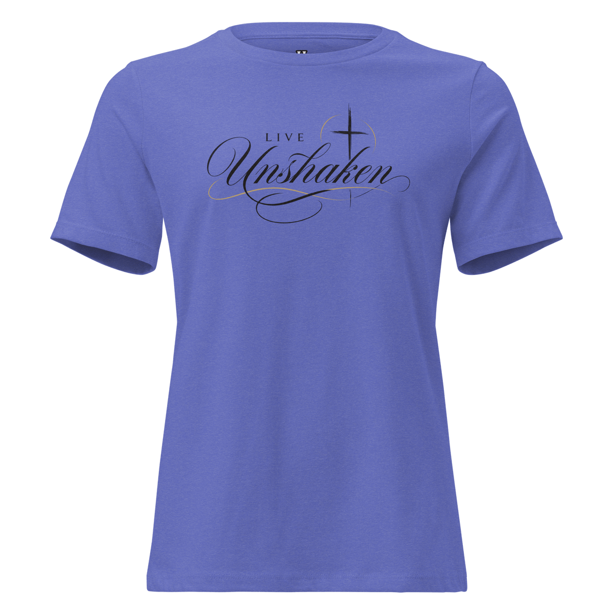 Live Unshaken Cross - Women’s Relaxed T-Shirt in Heather True Royal with elegant script, perfect for expressing faith and confidence.