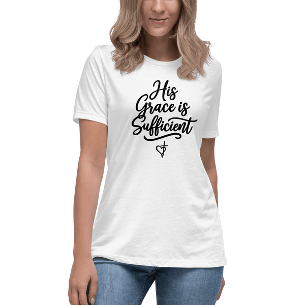 His Grace Is Sufficient Christian Women's Relaxed T-Shirt showcasing faith and God's love in stylish apparel.