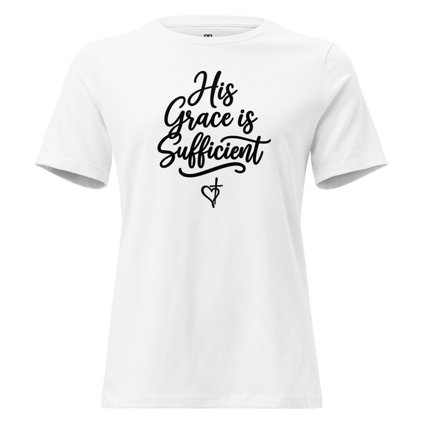His Grace Is Sufficient Christian Women's Relaxed T-Shirt in white featuring elegant script and heart-and-cross symbol.