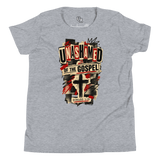 Unashamed of the Gospel Youth T-Shirt in Athletic Heather, featuring bold faith graphics and Romans 1:16 message.