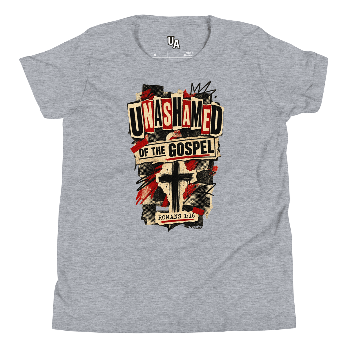 Unashamed of the Gospel Youth T-Shirt in Athletic Heather, featuring bold faith graphics and Romans 1:16 message.