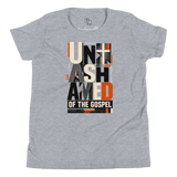 Unashamed Romans 1:16 Youth T-Shirt in Athletic Heather color featuring bold typography that declares faith in God.