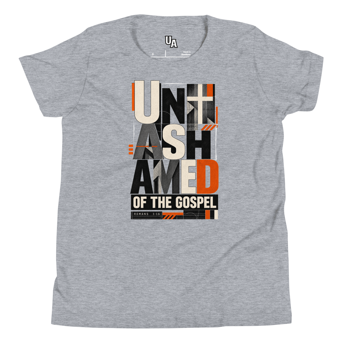 Unashamed Romans 1:16 Youth T-Shirt in Athletic Heather color featuring bold typography that declares faith in God.