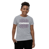 Defined by God, Chosen by Grace Youth T-Shirt featuring bold 'CHOSEN' design for young believers.