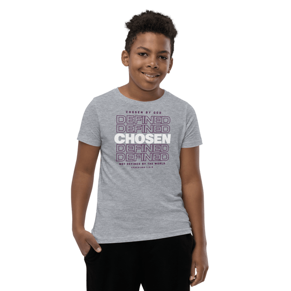 Defined by God, Chosen by Grace Youth T-Shirt featuring bold 'CHOSEN' design for young believers.