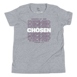 Defined by God, Chosen by Grace Youth T-Shirt featuring a bold 'CHOSEN' statement, perfect Christian apparel for young believers.