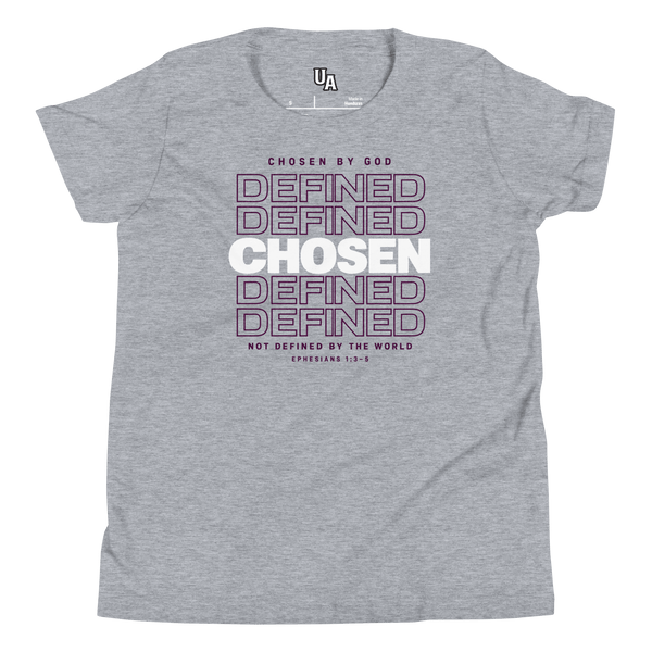 Defined by God, Chosen by Grace Youth T-Shirt featuring a bold 'CHOSEN' statement, perfect Christian apparel for young believers.