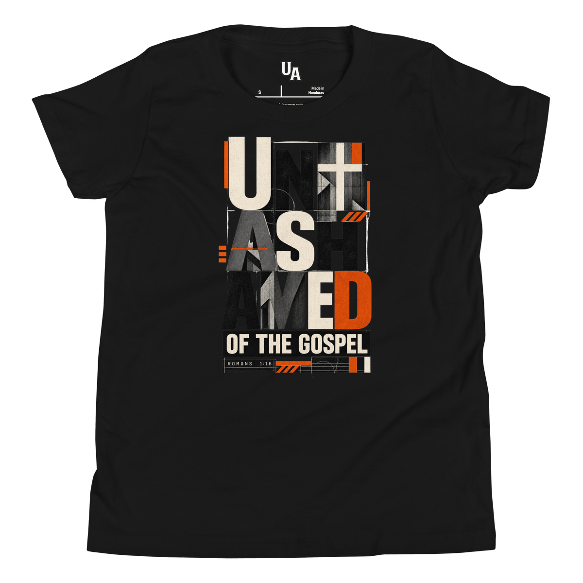 Unashamed Romans 1:16 Youth T-Shirt in black featuring bold typography and orange accents, representing faith in God.