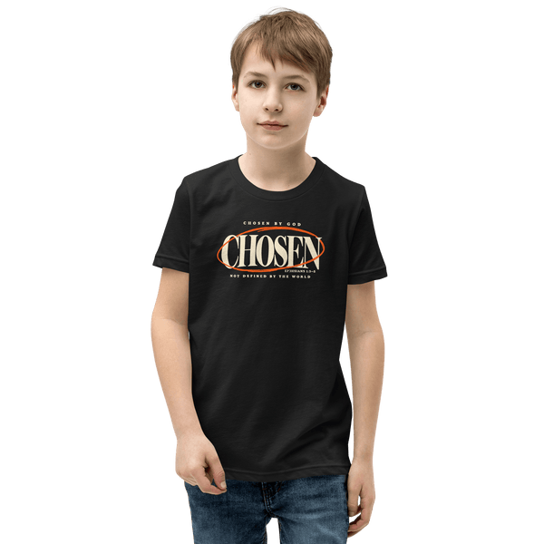 Chosen by God Youth Christian T-Shirt worn by a boy, promoting faith and identity in God.