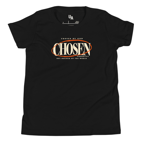 Chosen by God Youth Christian T-Shirt in black, featuring a bold 'CHOSEN' message promoting faith and identity in God.
