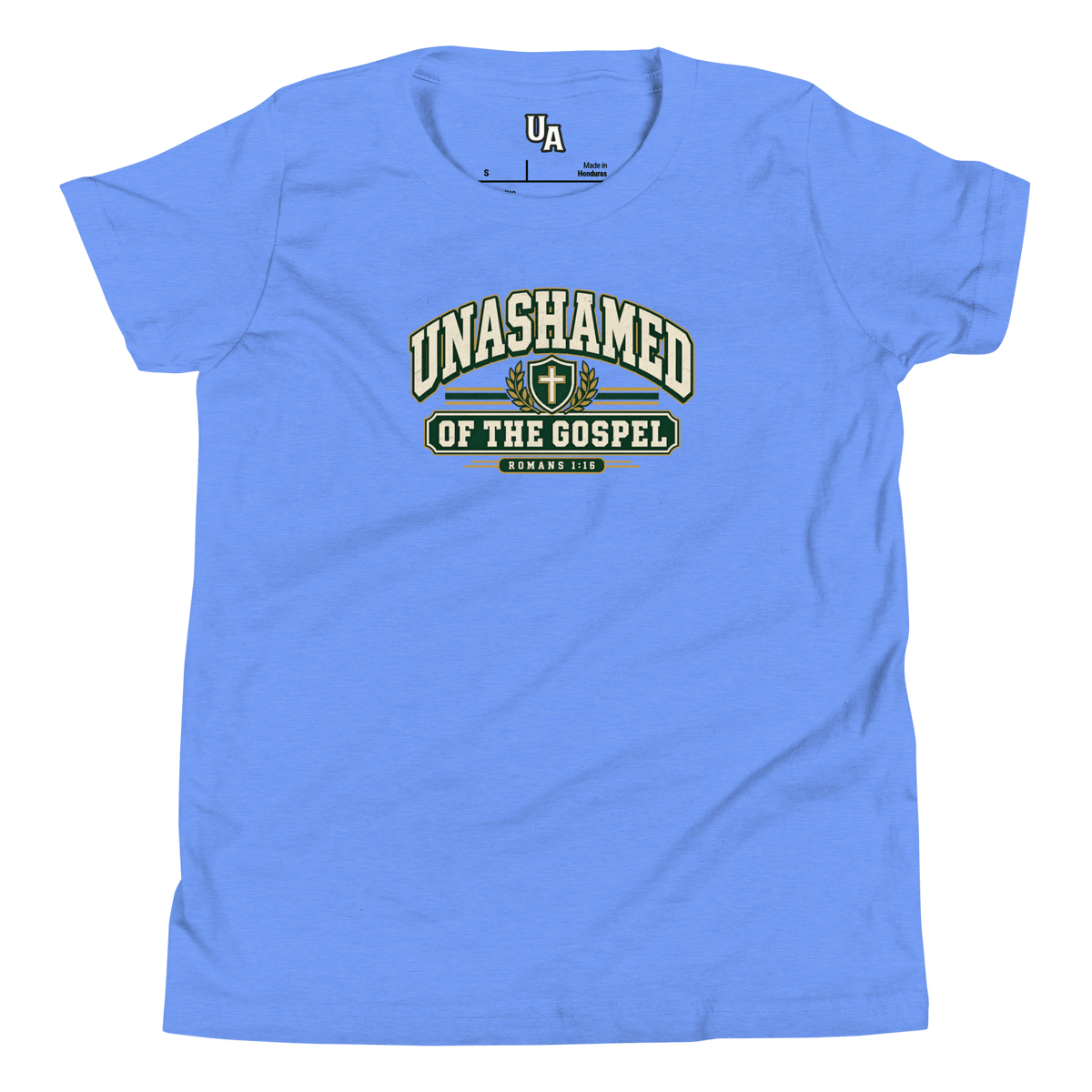 Unashamed Varsity Youth T-Shirt in Heather Columbia Blue, featuring bold lettering representing faith and God.